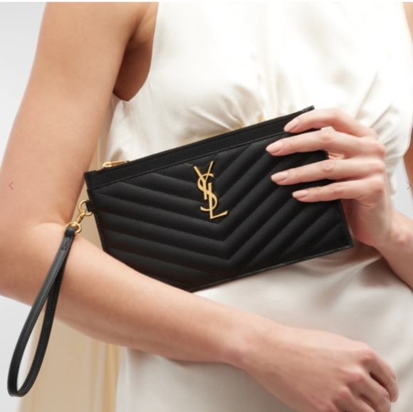 NEW! YSL Monogram Matelassé Saint Laurent Large Quilted Zip Wristlet CLUTCH Blac - Picture 1 of 16